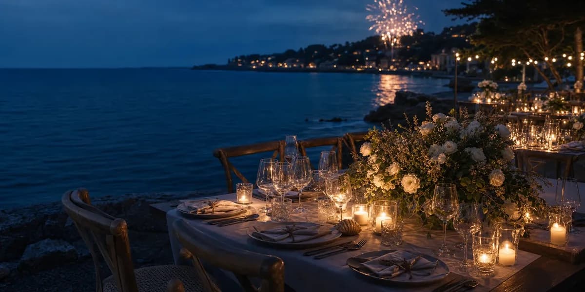Soirée événementielle en bord de mer, visuel du héros cinématique du site.